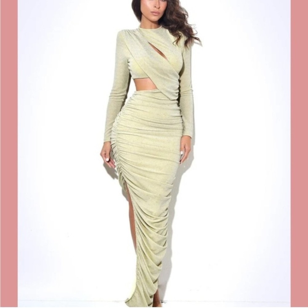 Miss Circle Lg Payson Metallic Jersey Ruched Maxi Dress Stretch Bodycon Clubwear